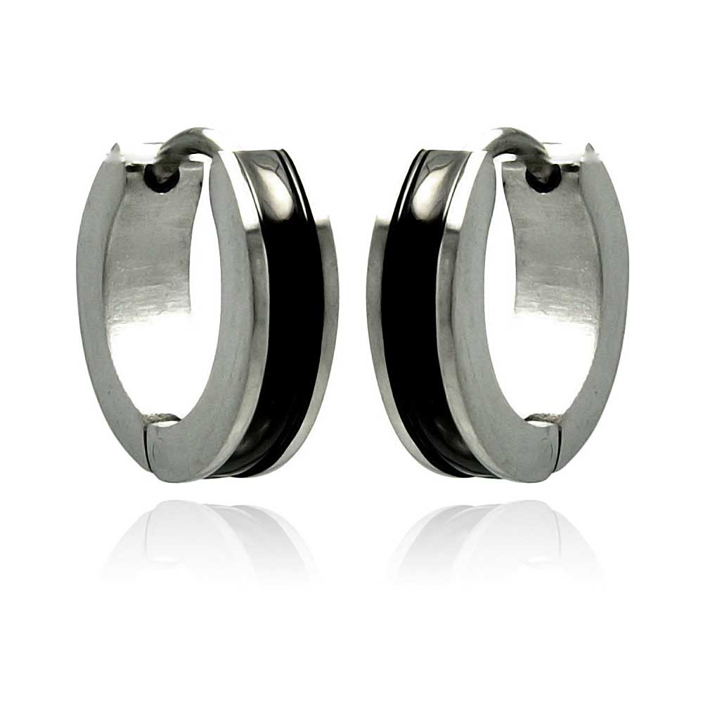 Rhodium Plated Stainless Steel Black Enamel Huggie Earrings - SSE00082