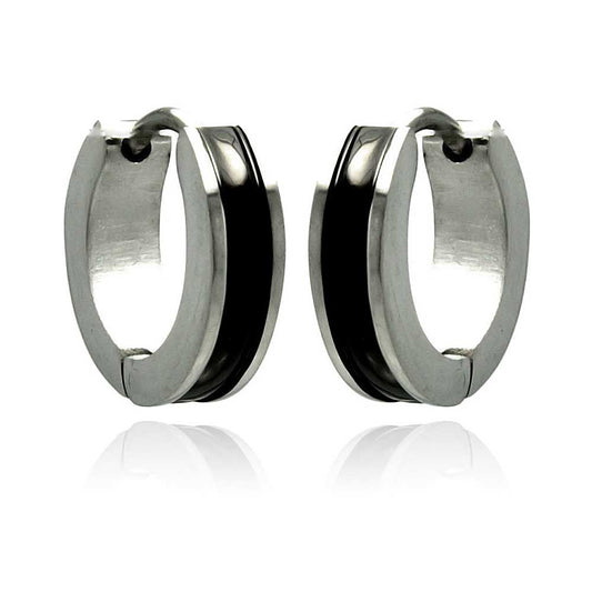 Rhodium Plated Stainless Steel Black Enamel Huggie Earrings - SSE00082