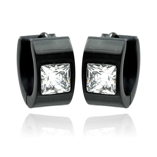 Black Rhodium Plated Stainless Steel Square CZ Huggie Hoop Earrings - SSE00083