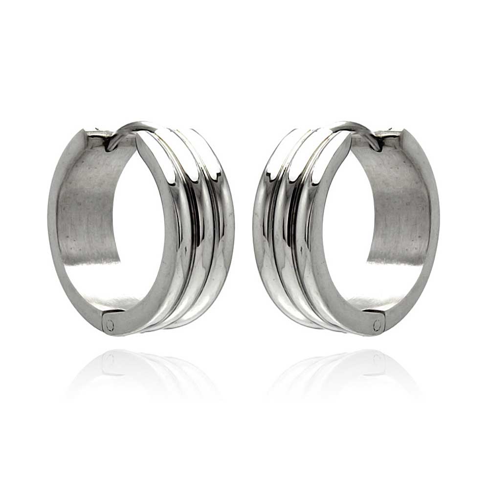 Rhodium Plated Stainless Steel Multi Line Huggie Earrings - SSE00087