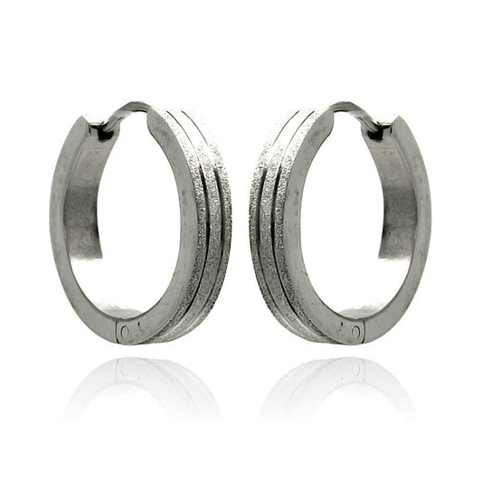 Rhodium Plated Stainless Steel Shimmer Lined Huggie Hoop Earrings - SSE00088