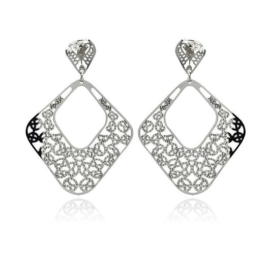 Rhodium Plated Stainless Steel Filigree Diamond Shaped Dangle Earrings - SSE00095