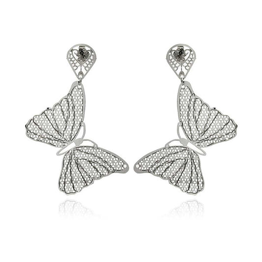Rhodium Plated Stainless Steel Large Mesh Butterfly Earrings - SSE00101