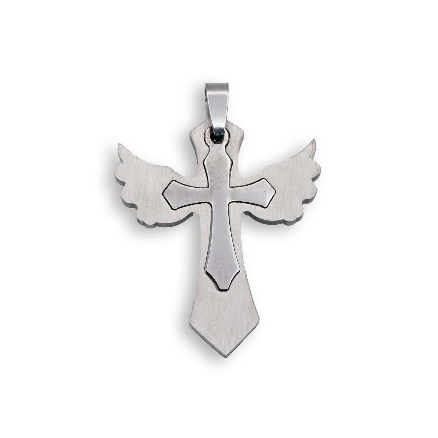 Rhodium Plated Stainless Steel Wing Cross Inlay Pendant - SSP00033