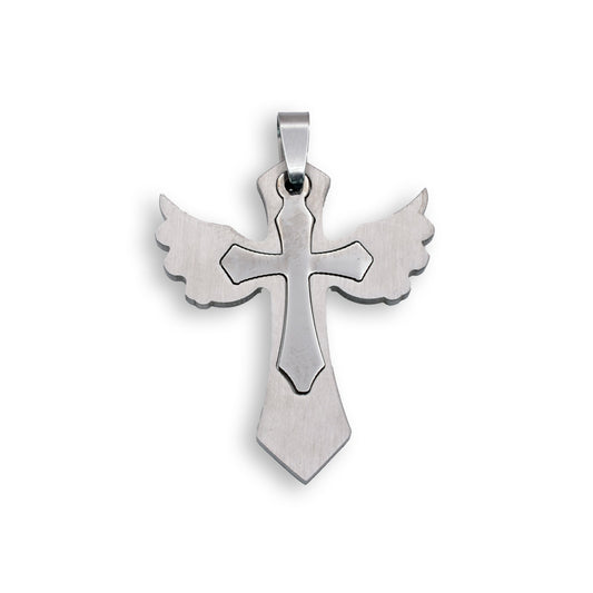 Rhodium Plated Stainless Steel Wing Cross Inlay Pendant - SSP00033