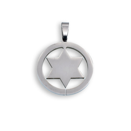 Rhodium Plated Stainless Steel Star of David Circle Pendant - SSP00047