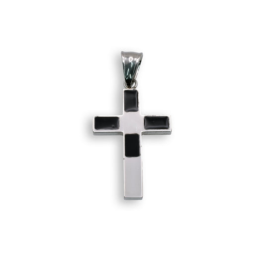 Rhodium Plated Stainless Steel & Black Enamal Cross Pendant - SSP00056