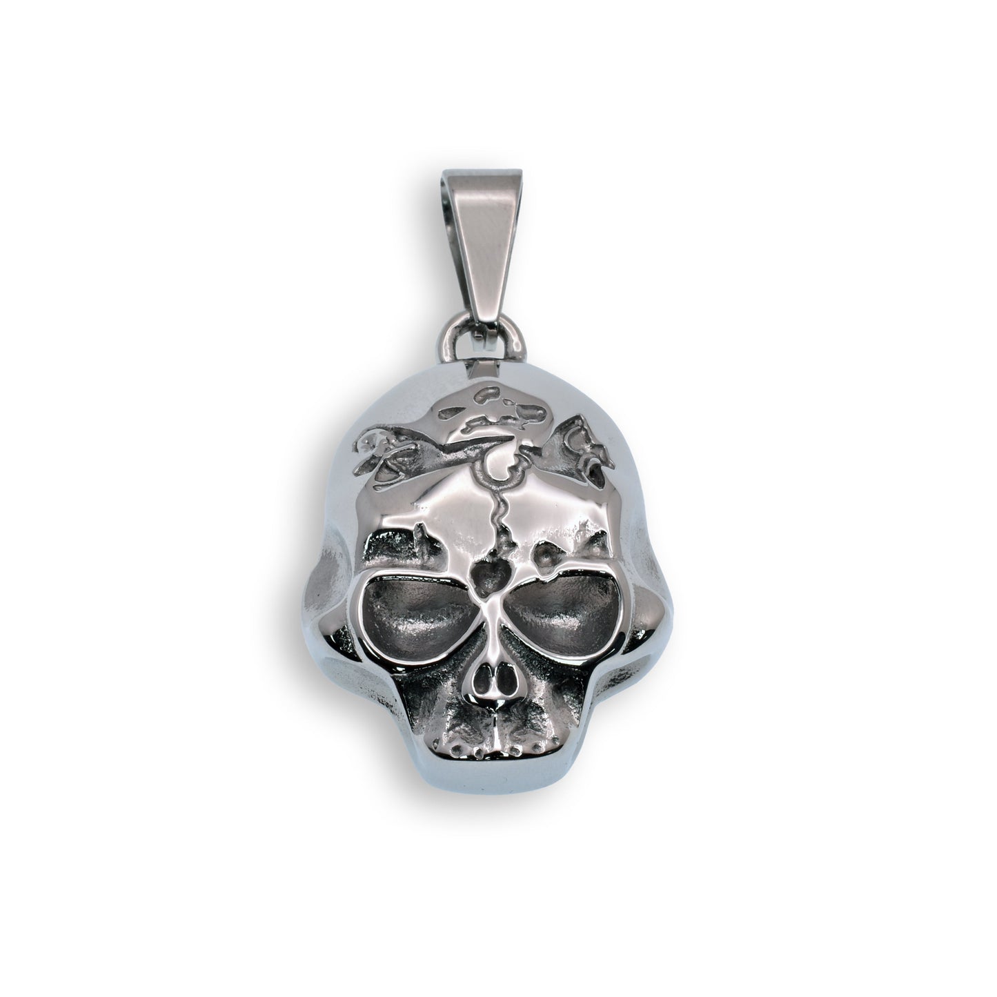 Rhodium Plated Stainless Steel Cracked Skull Pendant- SSP00058