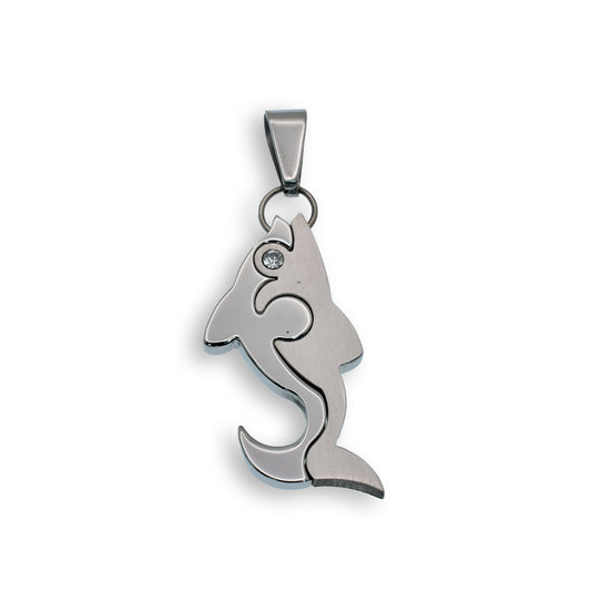 Rhodium Plated Stainless Steel CZ Dolphin Pendant  - SSP00064