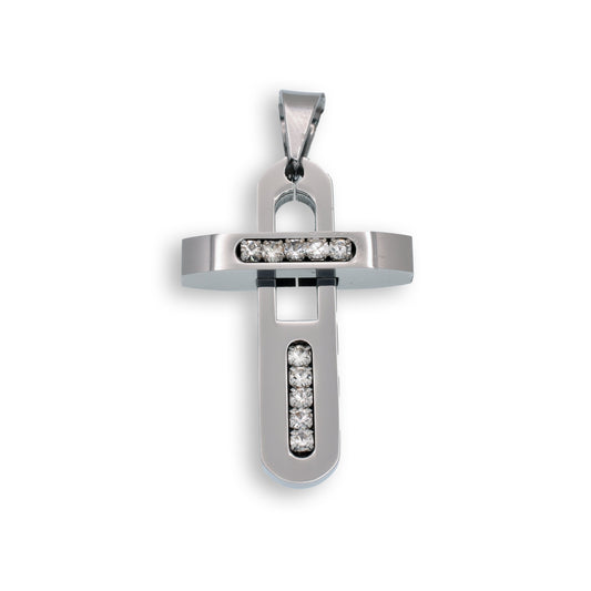 Rhodium Plated Stainless Steel Cross Clear CZ Pendant - SSP00105