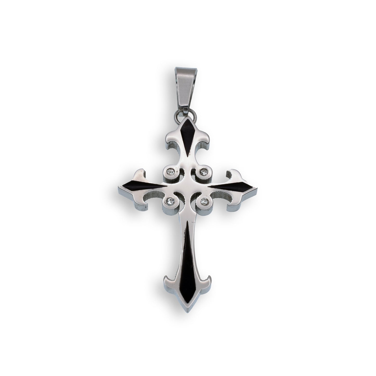 Rhodium Plated Stainless Steel Fleur-de-Lis Cross Clear CZ 28.6mm x 43.5mm Pendant - SSP00112