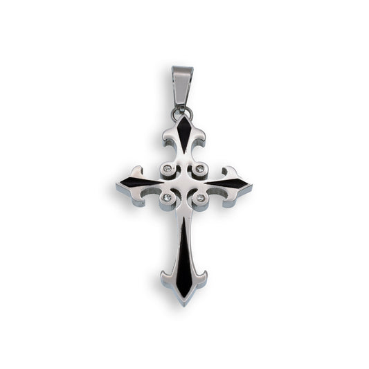 Rhodium Plated Stainless Steel Fleur-de-Lis Cross Clear CZ 28.6mm x 43.5mm Pendant - SSP00112