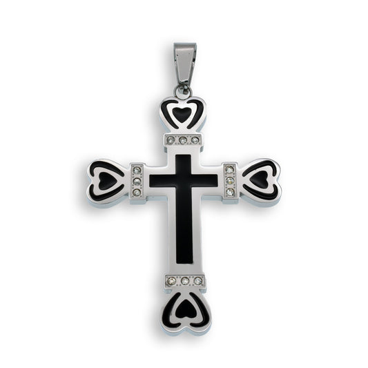 Rhodium Plated Stainless Steel Black Enamel Cross Heart Tips Clear CZ 38.5mm x 50mm Pendant - SSP00113