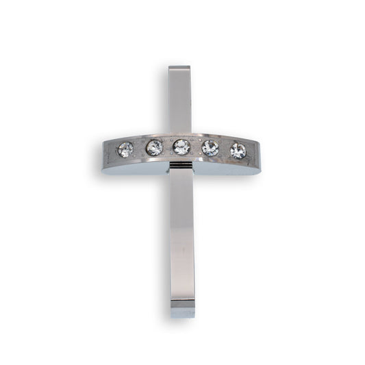 Rhodium Plated Stainless Steel Cross Clear CZ Bar 25.9mm x 41.6mm Pendant - SSP00115