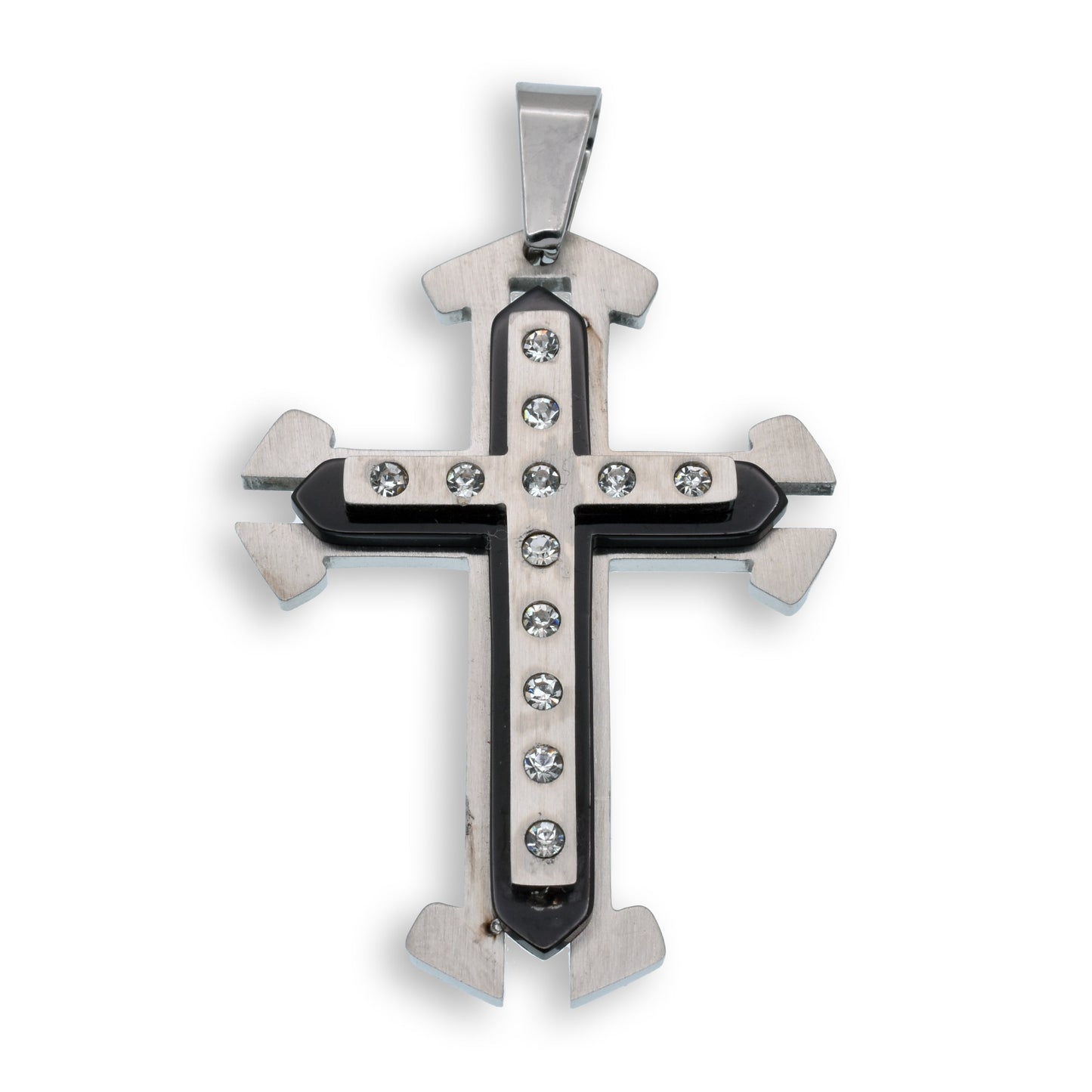 Rhodium Plated Stainless Steel Layered Cross Clear CZ 32.4mm x 44.8mm Pendant - SSP00116