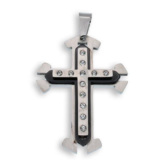 Rhodium Plated Stainless Steel Layered Cross Clear CZ 32.4mm x 44.8mm Pendant - SSP00116