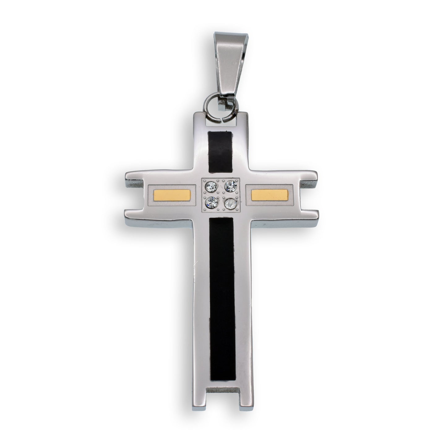 Rhodium Plated Stainless Steel Black Enamel Cross Gold Tone Inlays Clear CZ Bar 26mm x 41mm Pendant - SSP00119