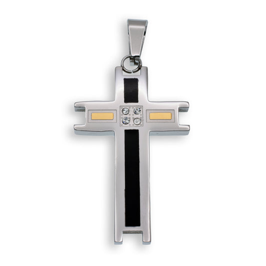 Rhodium Plated Stainless Steel Black Enamel Cross Gold Tone Inlays Clear CZ Bar 26mm x 41mm Pendant - SSP00119