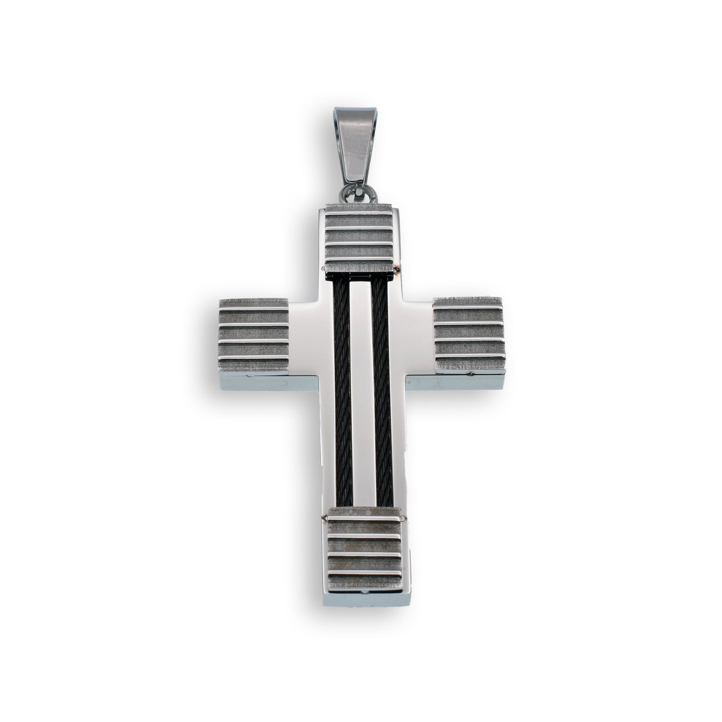 Rhodium Plated Stainless Steel Cable Stripped Cross Pendant - SSP00121