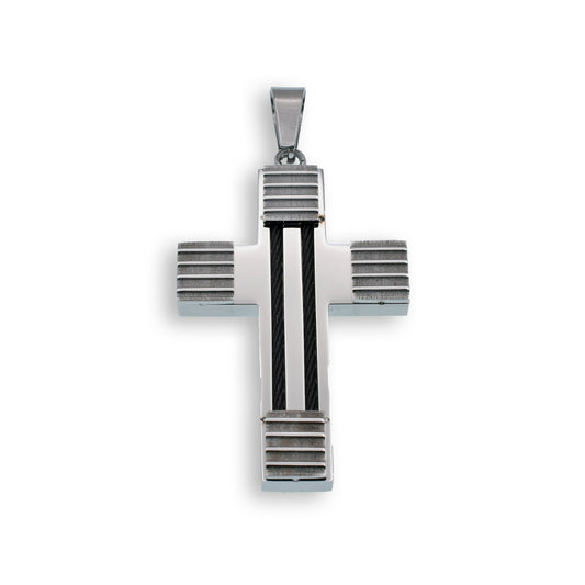Rhodium Plated Stainless Steel Cable Stripped Cross Pendant - SSP00121