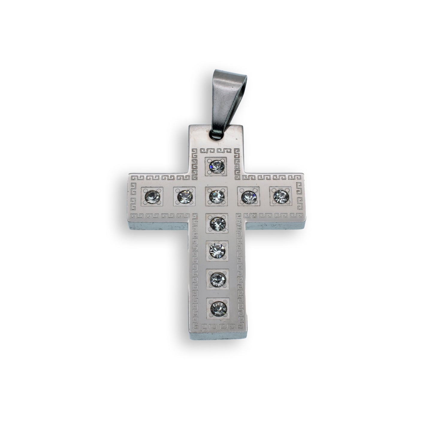 Rhodium Plated Stainless Steel CZ & Greek Key Cross Pendant - SSP00122