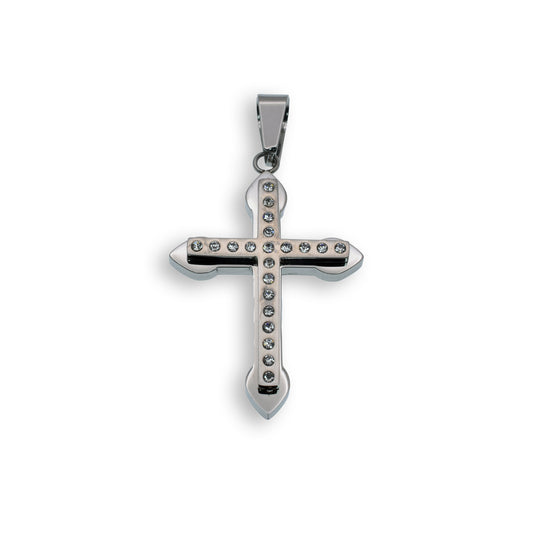 Rhodium Plated Stainless Steel Thick Matte CZ Cross Pendant - SSP00128