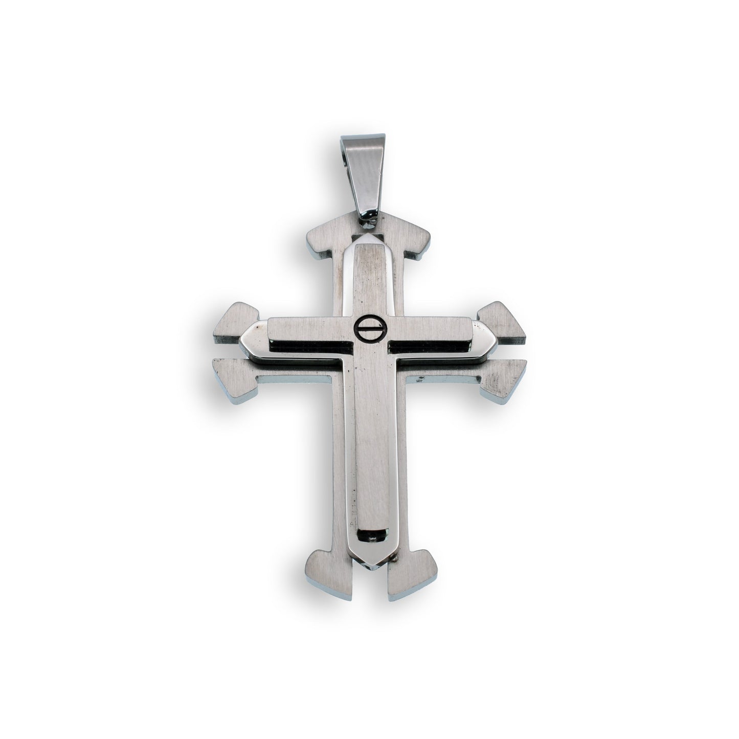 Rhodium Plated Stainless Steel Double Layered Cross W/Screw Accent Pendant - SSP00129
