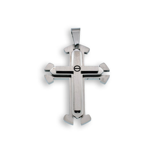 Rhodium Plated Stainless Steel Double Layered Cross W/Screw Accent Pendant - SSP00129
