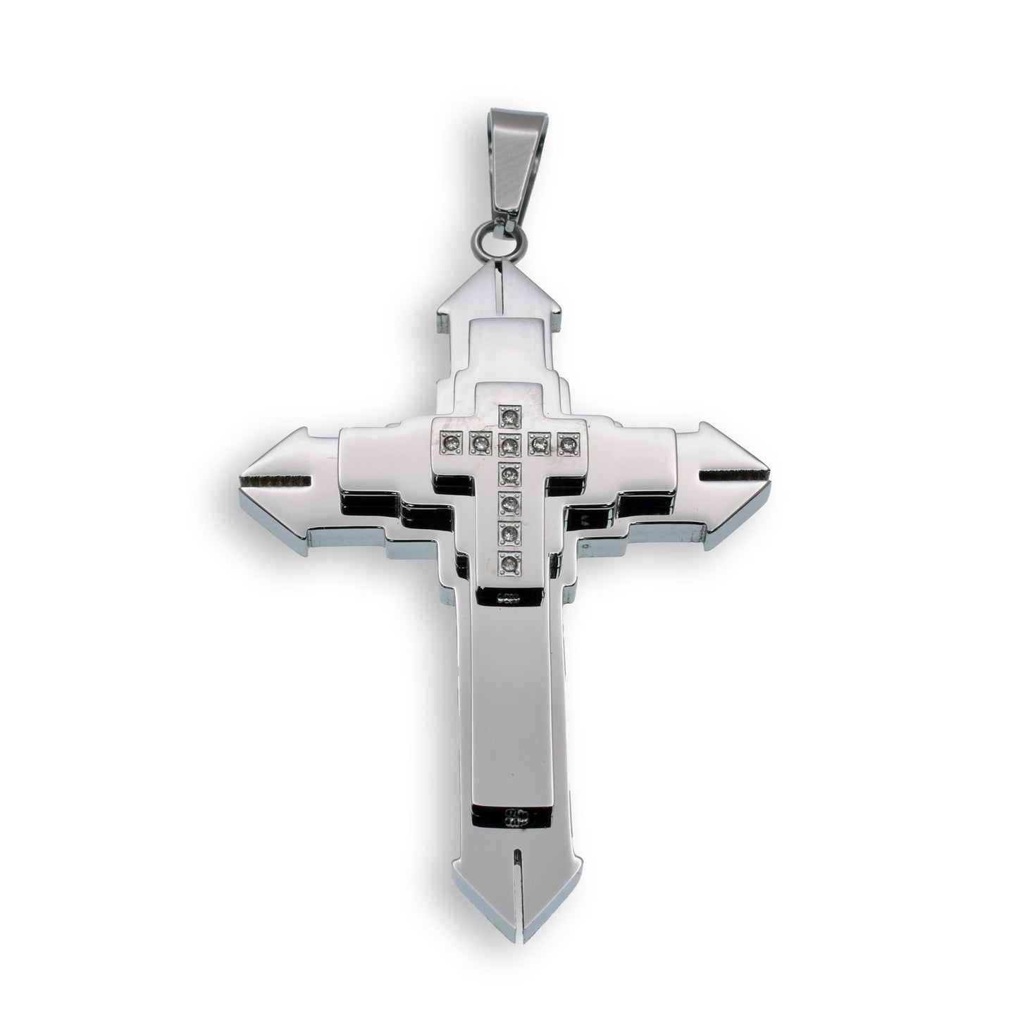 Rhodium Plated Stainless Steel Triple Layered CZ Cross Pendant - SSP00135
