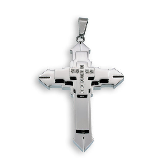Rhodium Plated Stainless Steel Triple Layered CZ Cross Pendant - SSP00135