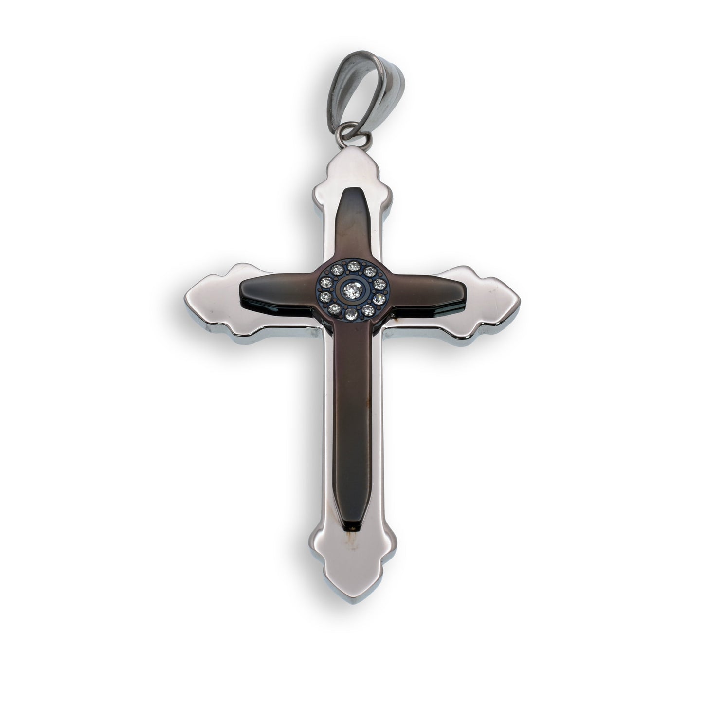 Black & Rhodium Plated Stainless Steel Double Layered CZ Cross Pendant - SSP00143
