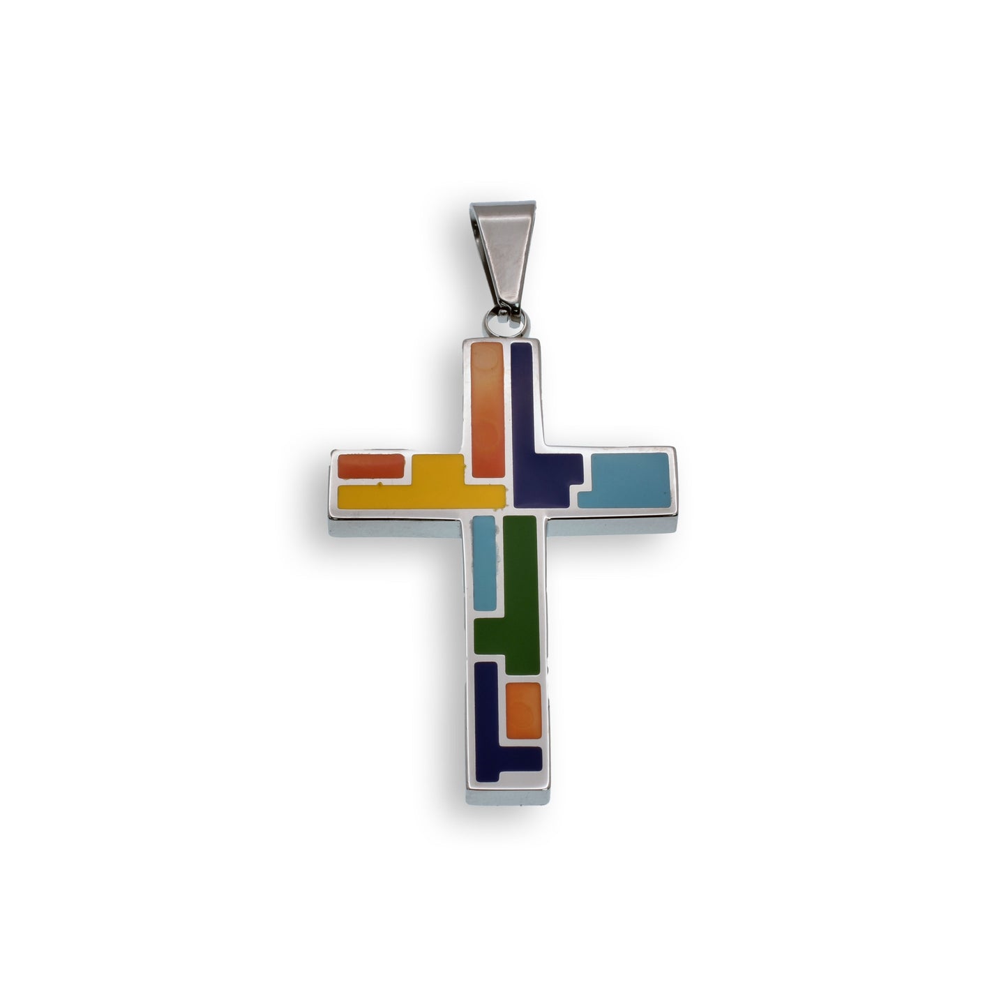 Rhodium Plated Stainless Steel Multi Color Abstract Cross Pendant - SSP00144