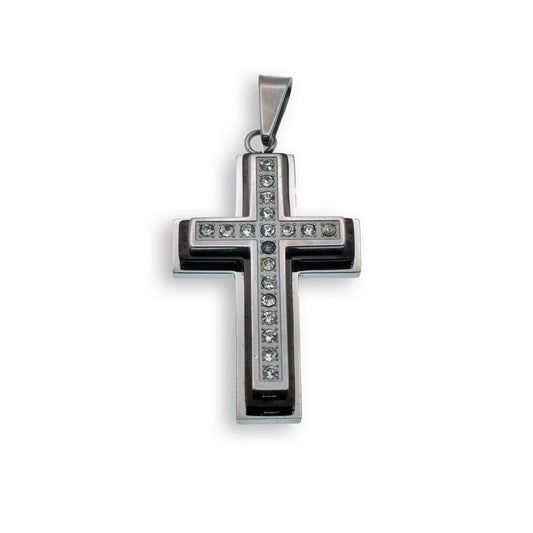 Rhodium Plated Stainless Steel Layered Cross Clear CZ Cross Pendant - SSP00152