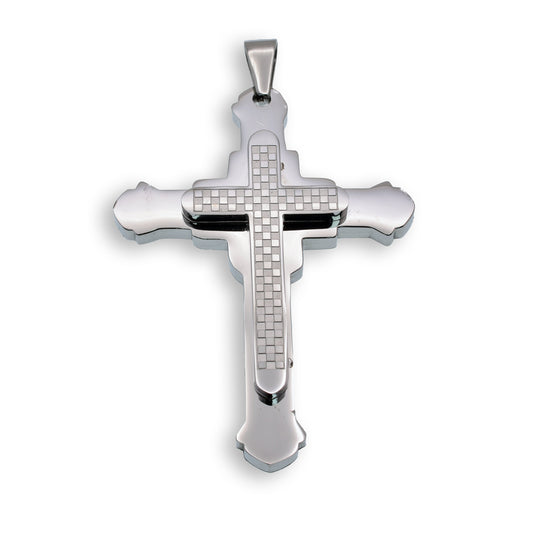 Rhodium Plated Stainless Steel Double Layered Checkered Cross Pendant - SSP00153