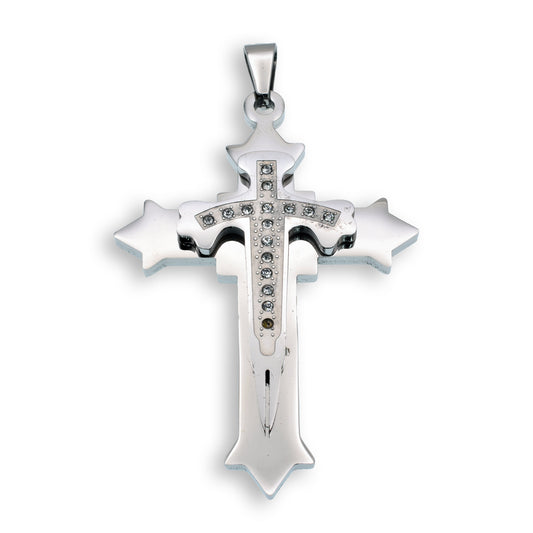 Rhodium Plated Stainless Steel CZ Double Layered Cross Pendant - SSP00154