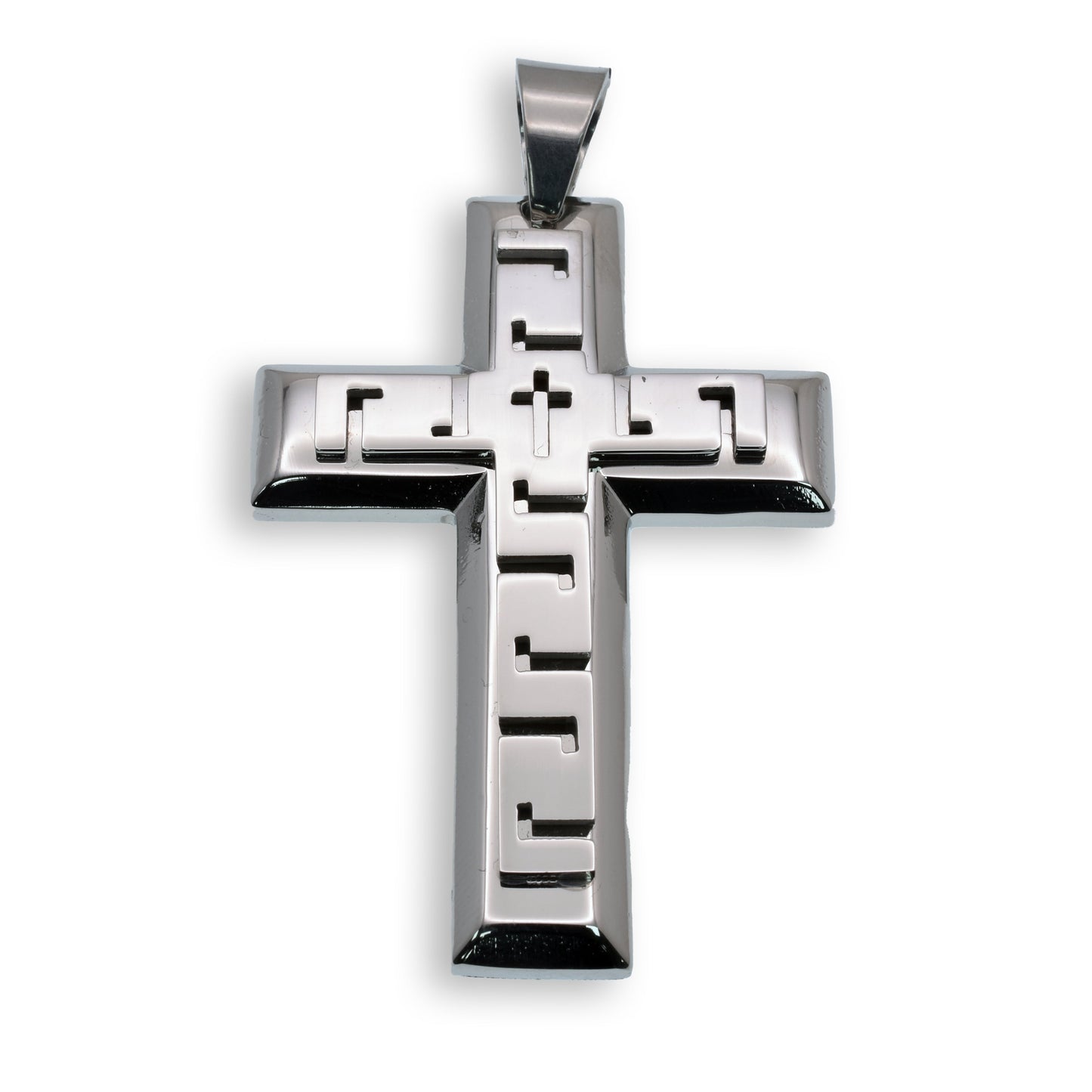 Rhodium Plated Stainless Steel Greek Key Cross Pendant - SSP00156