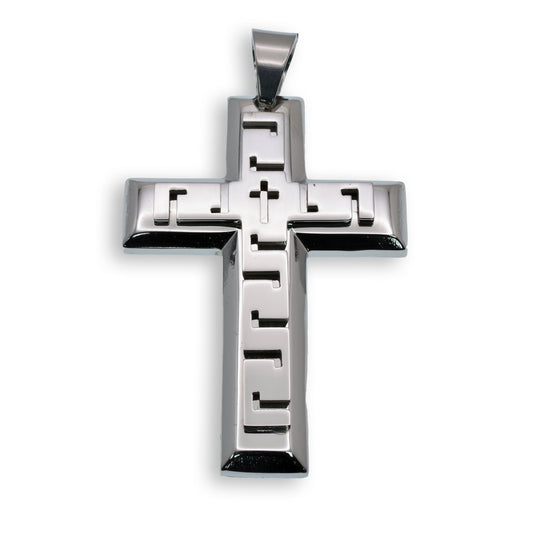 Rhodium Plated Stainless Steel Greek Key Cross Pendant - SSP00156