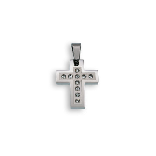 Rhodium Plated Stainless Steel Cross Clear CZ Cross Pendant - SSP00157