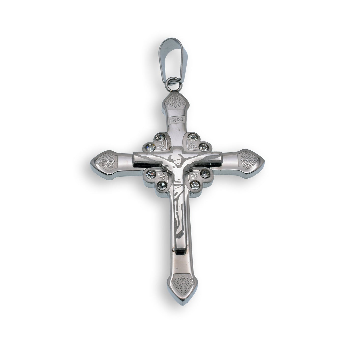 Rhodium Plated Stainless Steel CZ Etched Crucifix Cross Pendant - SSP00158