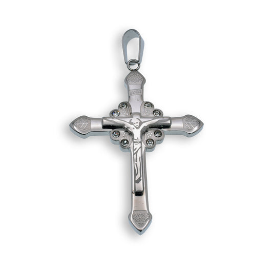 Rhodium Plated Stainless Steel CZ Etched Crucifix Cross Pendant - SSP00158