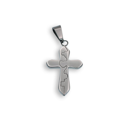 Rhodium Plated Stainless Steel Puzzle Cross Pendant - SSP00274