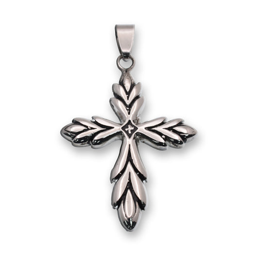 Rhodium Plated Stainless Steel Olive Branch Cross 30.5mm x 40mm Pendant - SSP00281