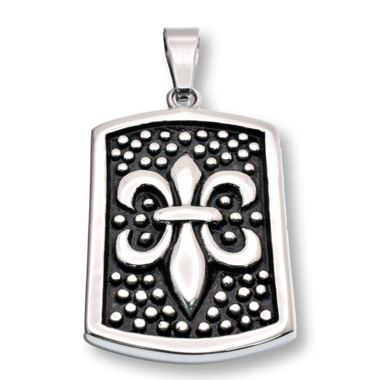Rhodium Plated Stainless Steel Shield Fleur-De-Lis Studded 24mm x 33mm Pendant - SSP00299