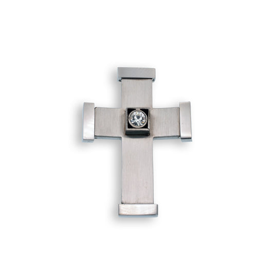 Rhodium Plated Stainless Steel Cross With Crystal Pendant - SSP00340