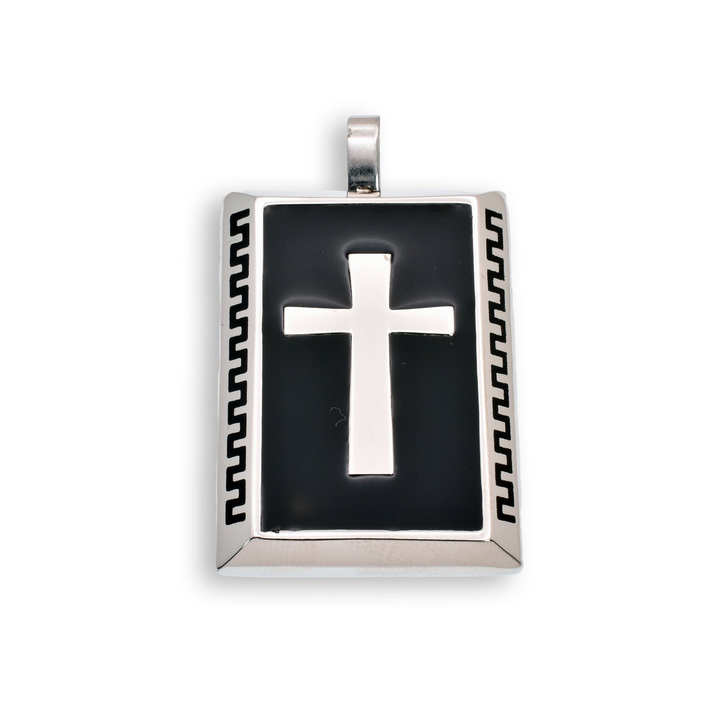 Rhodium Plated Stainless Steel Black Enamel Rectangle Cross Pendant - SSP00347