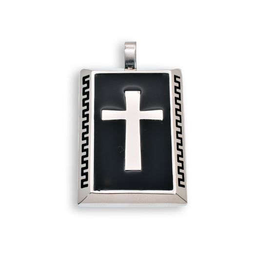 Rhodium Plated Stainless Steel Black Enamel Rectangle Cross Pendant - SSP00347