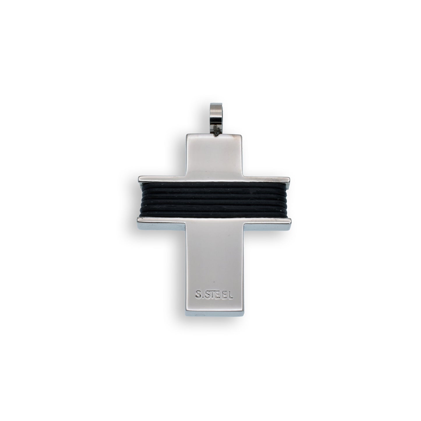 Rhodium Plated Stainless Steel Ribbed Rubber Cross Pendant - SSP00351