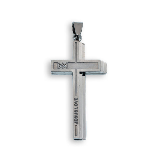 Rhodium Plated Jesus Loves  Matte Triple Cross Pendant - SSP00355