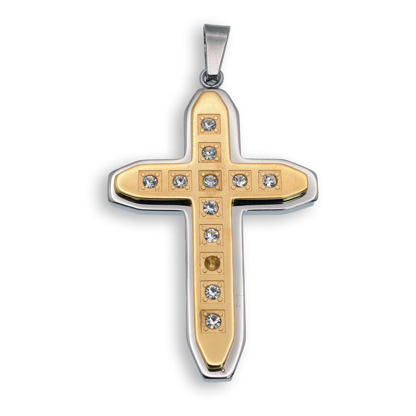 Two Tone Rhodium and Gold Plated Stainless Steel CZ Cross Pendant - SSP00385