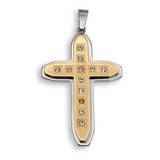 Two Tone Rhodium and Gold Plated Stainless Steel CZ Cross Pendant - SSP00385